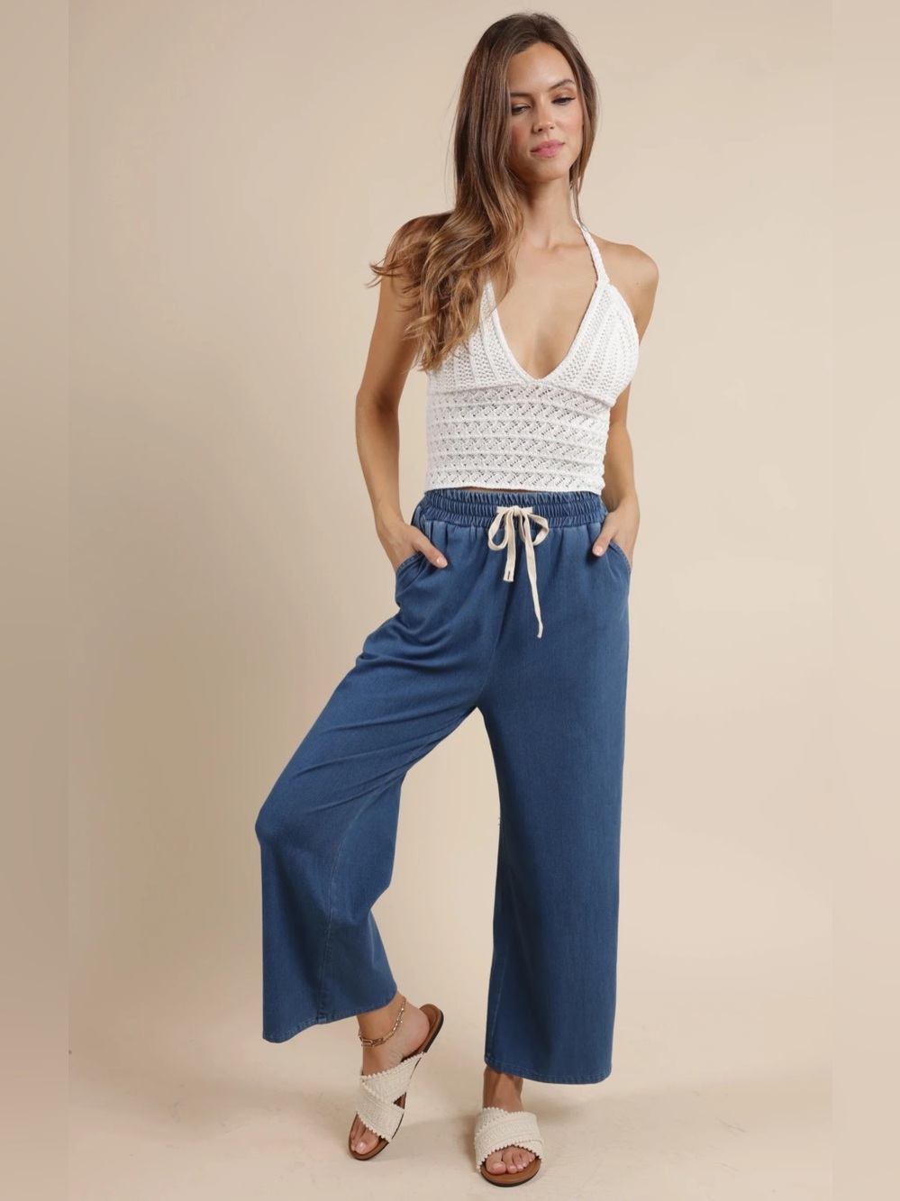 Wide Leg Drawstring Pants in Stretch Denim